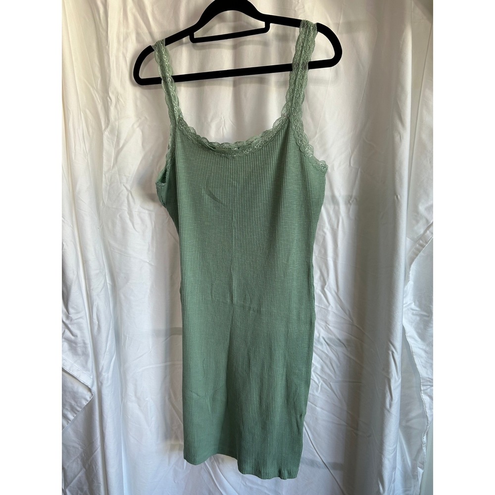 Curvy Sense Green Ribbed Dress 2X Cottagecore Soft Girl Lace Trim Bodycon Mini - Picture 2 of 3